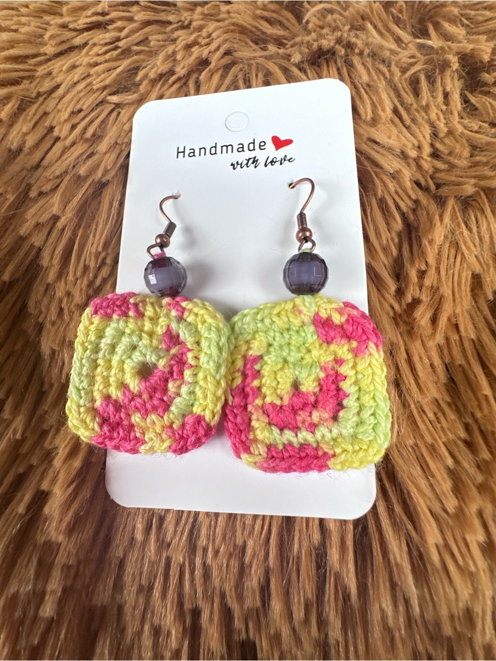 Handmade Crochet Square Earrings - Pink & Yellow